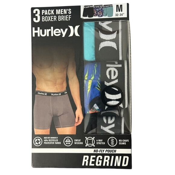 Hurley Regrind No-Fly Boxer Brief sz Medium 3 Pack Blue Stretch Wicking No-Chafe - Picture 1 of 2
